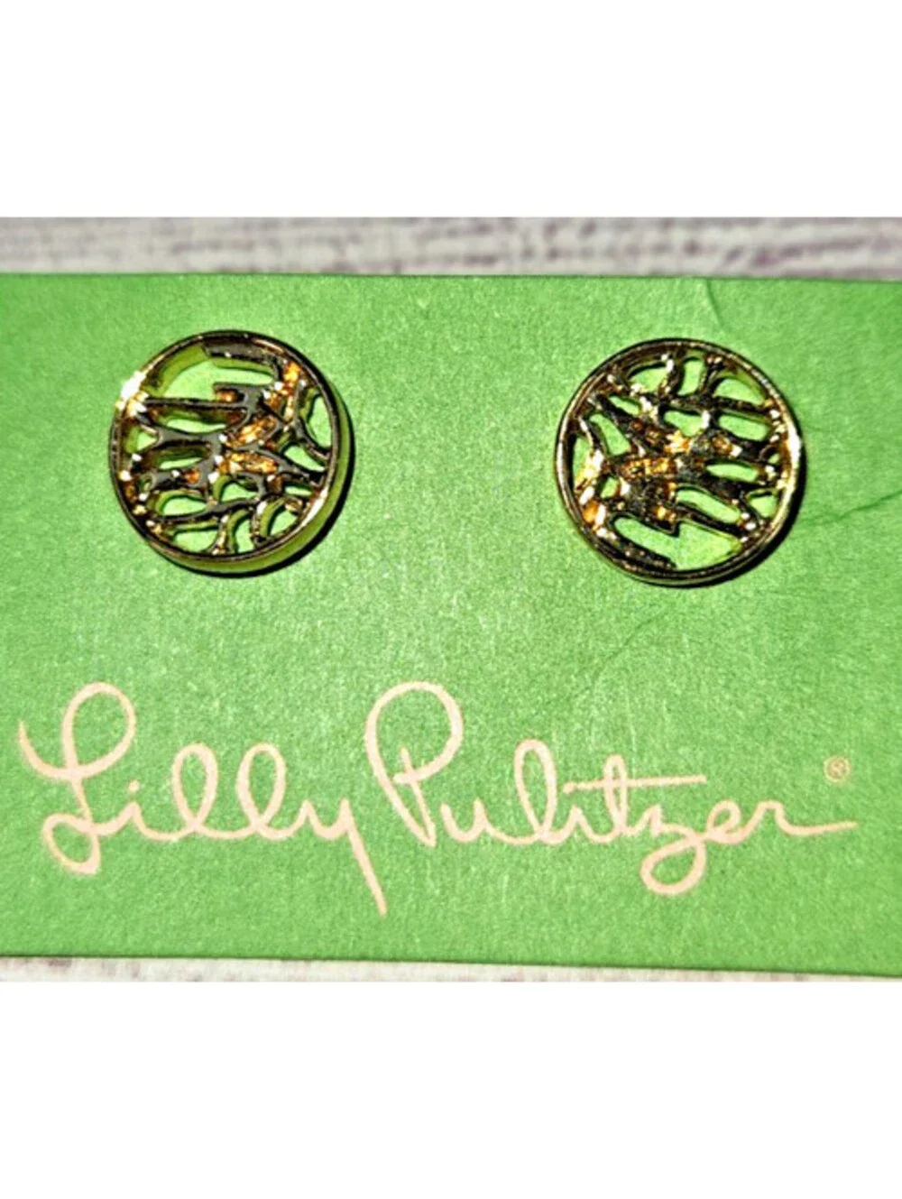 Lilly Pulitzer gold-tone circular stud earrings w/open cut-out filigree pattern